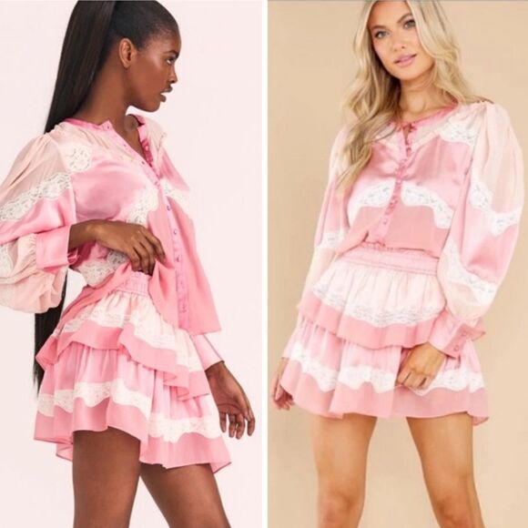 LoveShackFancy Fia Skirt & Zaria Blouse Pink Colorblock Silk Large/Med Revolve - Picture 16 of 16